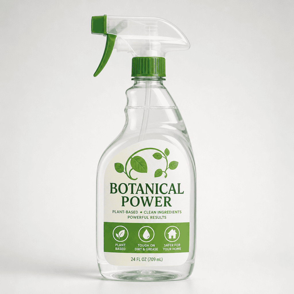 Plastic spray bottle with a botanical marketing label